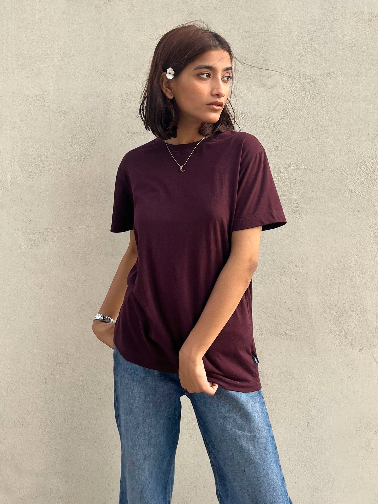 Burgundy 100% Cotton Basic Tee - Women