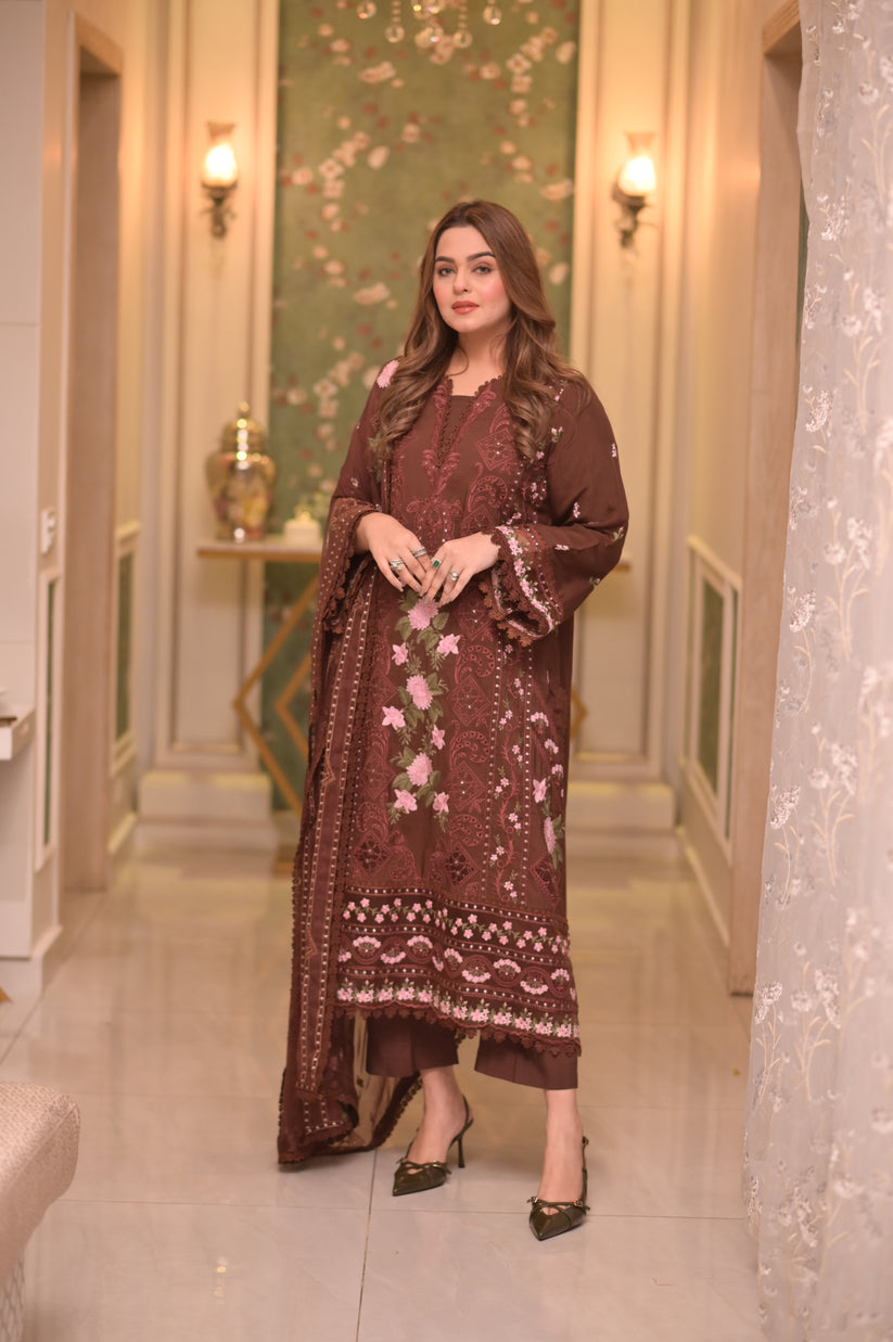 ANEELAS-3PC LAWN CHIKAN EMBROIDERED SHIRT WITH LAWN EMB DUPATTA AND TROUSER-BIC-4809