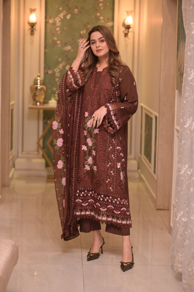 ANEELAS-3PC LAWN CHIKAN EMBROIDERED SHIRT WITH LAWN EMB DUPATTA AND TROUSER-BIC-4809