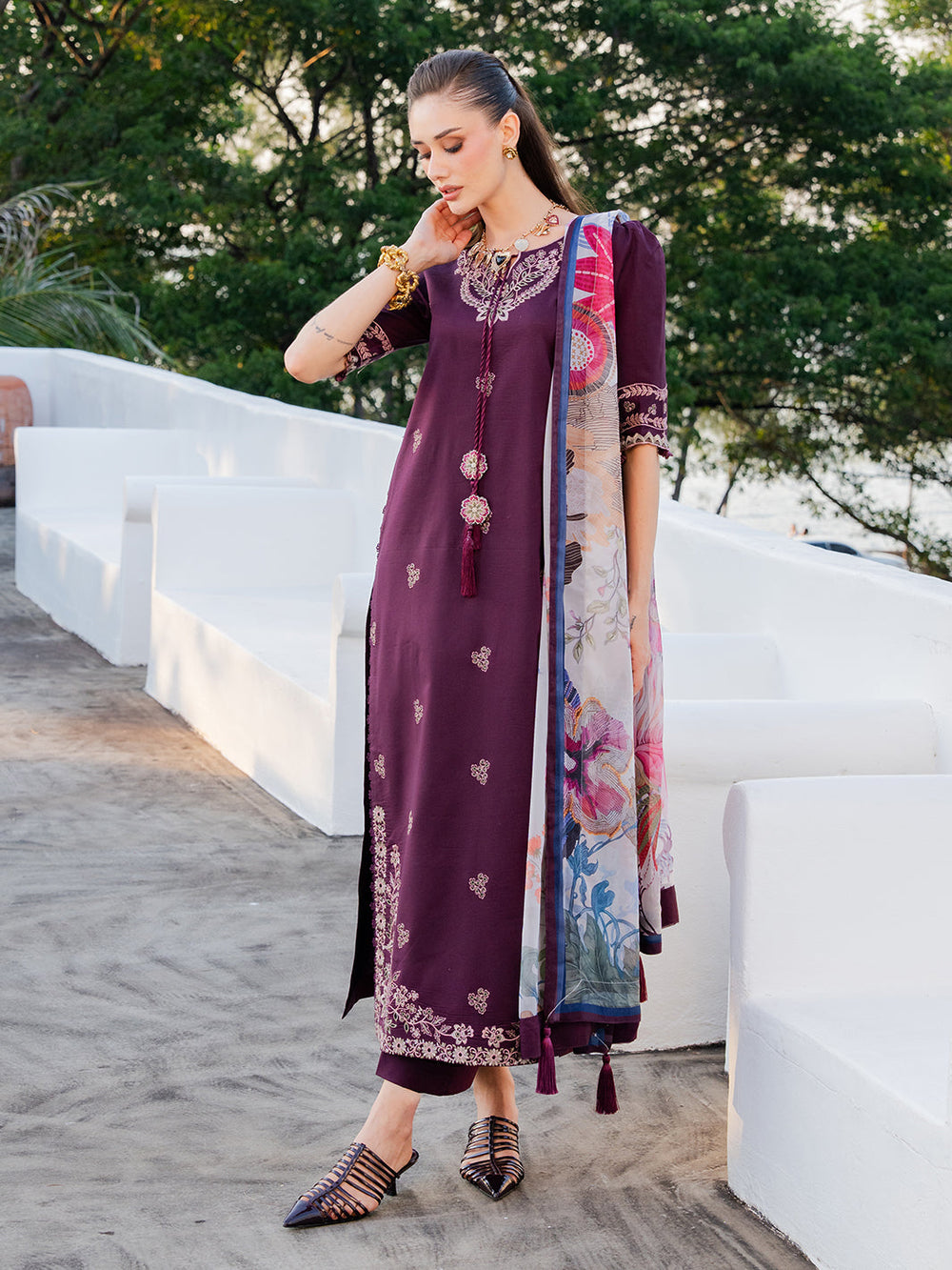 IZEL-3PC LAWN EMBROIDERED SHIRT WITH CHIFFON PRINT DUPATTA AND EMB TROUSER-BIC-4839