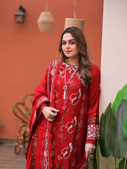 ANEELAS-3PC LAWN CHIKAN EMBROIDERED SHIRT WITH LAWN EMB DUPATTA AND TROUSER-BIC-4813